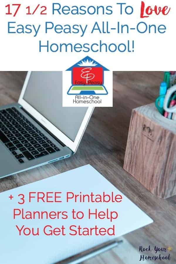 Do you want to homeschool but your budget is tight? Check out this FREE online homeschool option! Here are 17 ½ Reasons to Love Easy Peasy All-in-One Homeschool. Includes 3 FREE printable planners to eh