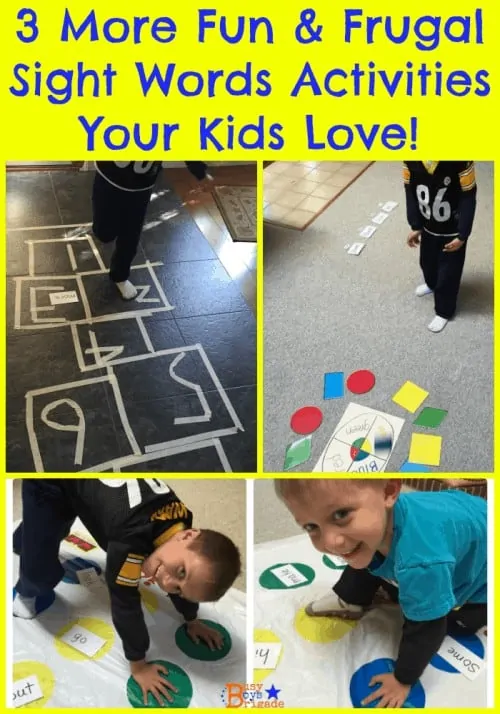 3 more fun and frugal sight words activities your kids will love!  Twister, hopscotch, and bean bag toss for excellent kinesthetic ways for early readers to learn &amp; practice sight words.