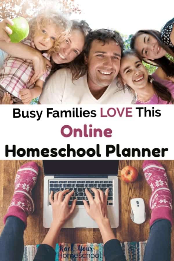 Happy family with boy holding green apple and everyone smiling and woman wearing dark pink socks sitting on multi-colored rug on wood floor with red apple and typing on laptop with white mouse
