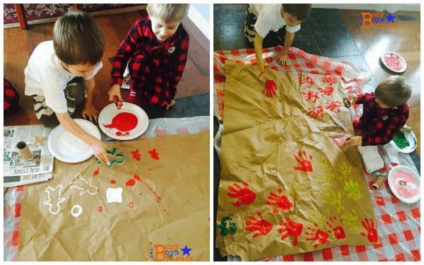 boys making DIY gift wrap