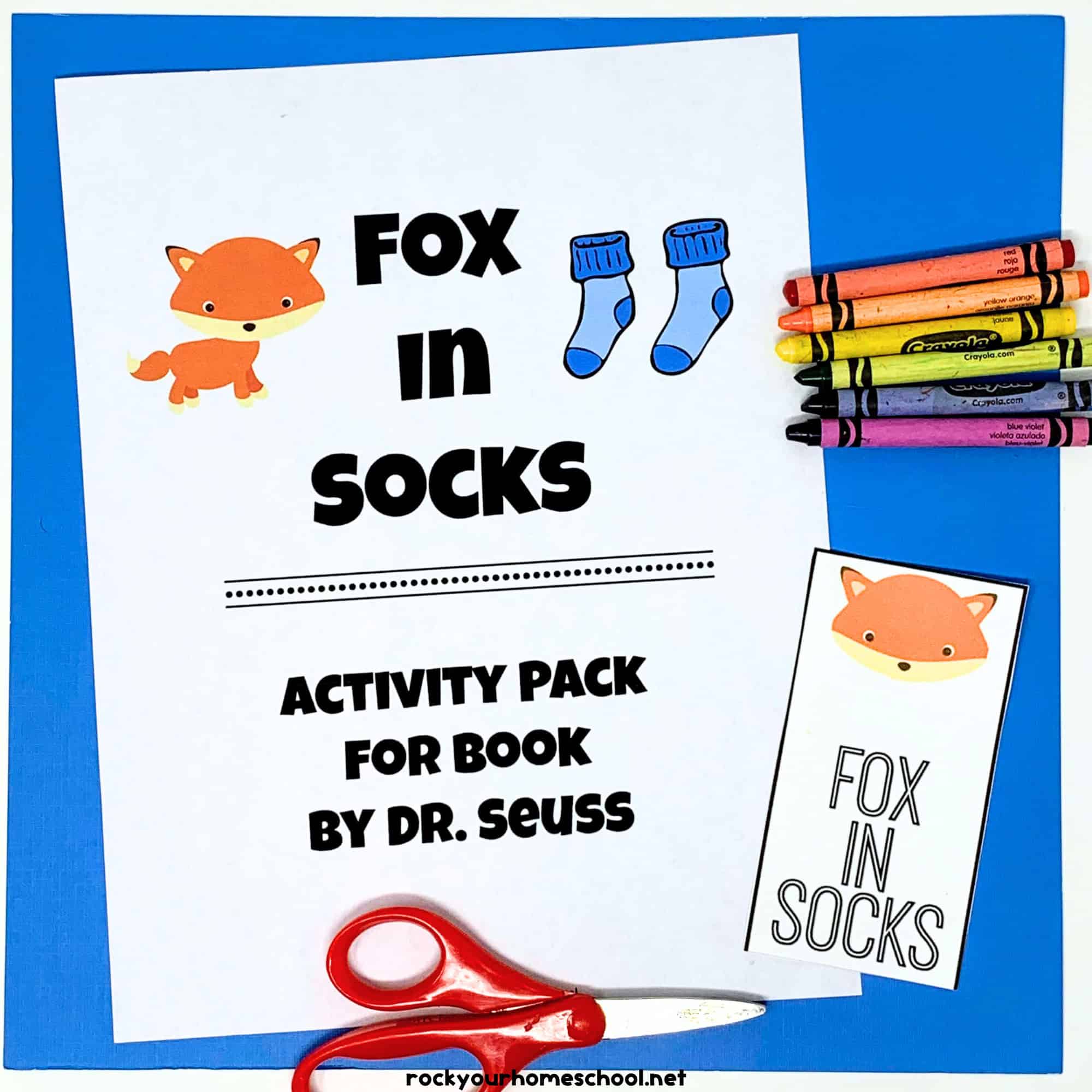 Fox in Socks activity pack cover with bookmarks, scissors, and crayons.
