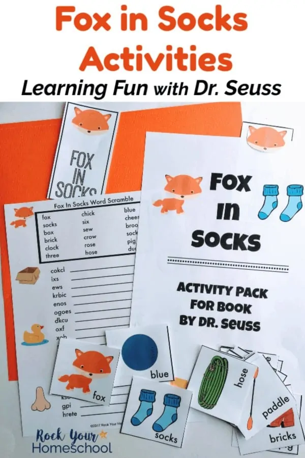 Fox in Socks printable activity pack cover, bookmark, word scramble, & story cards on orange & white background