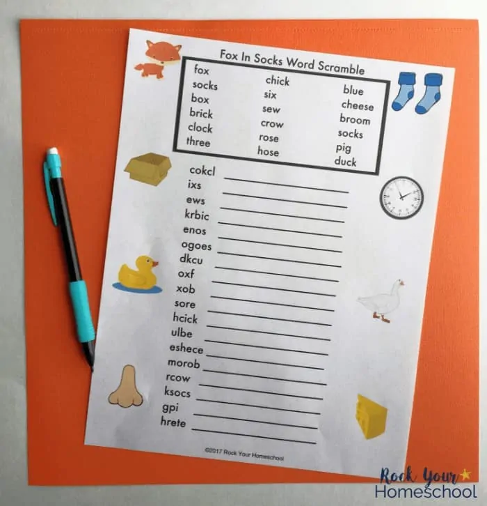 A fun word scramble is included in this free printable activity pack for Fox in Socks learning fun.