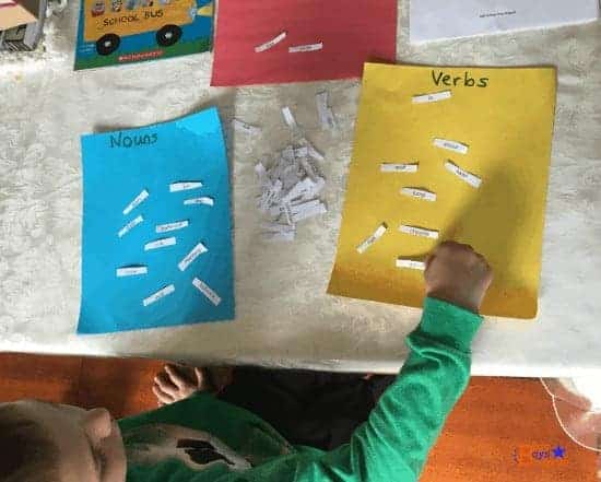 Closer look at Nouns & Verbs Sorting activity to help kids learn about thiese writing and grammar concepts.