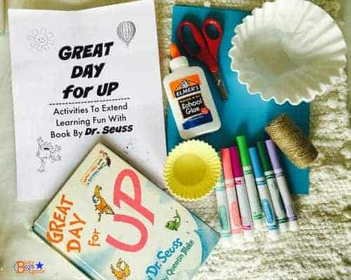 Simple set of materials is all that is needed to complete crafts and activities for Great Day for Up by Dr. Seuss printable pack.