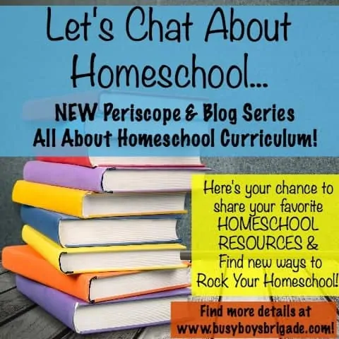 Let's Chat About Homeschool... is a new Periscope & blog series for homeschoolers helping homeschoolers. Favorite homeschool curriculum and resources will be shared in a variety of ways. Great for all homeschoolers-new and experienced!