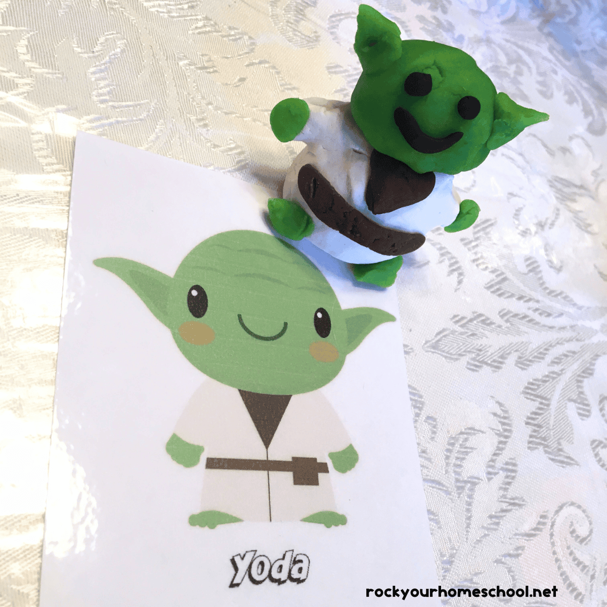 Example of free printable Star Wars cards for playdough fun with Yoda.