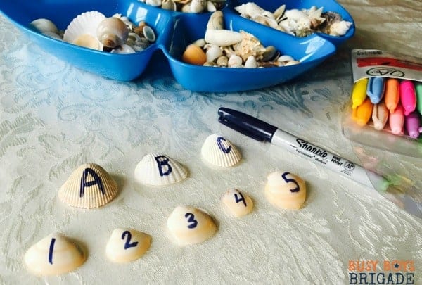 You can use permanent markers on seashells to label with letters, numbers, shapes, colors, & more!