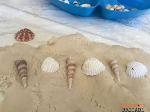 Seashell activities with seashells and homemade playdough are fun for math learning like patterns.