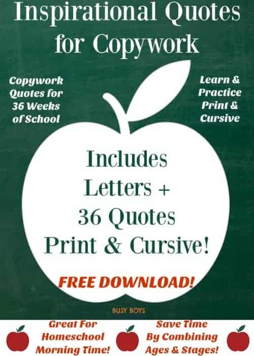 Add handwriting practice to your homeschool morning time (or any time of day!) with these FREE print and cursive printables. Includes ABCs + 36 Inspirational Quotes for copywork. Great for combining ages &amp; stages + saving time!