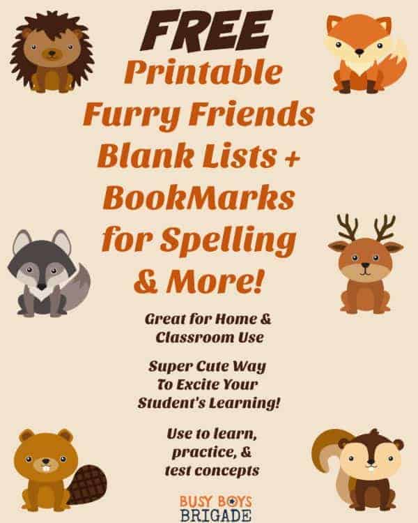 Free printable furry friends blank lists and bookmarks for spelling &amp; more are super cute for learning fun. Great for use in classroom &amp; home.