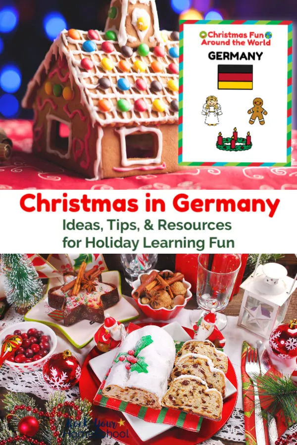 Gingerbread house on red table and German Christmas food display with stollen & gingergread and Christmas Fun in German cover