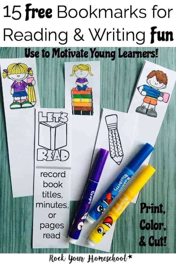 Want a fun way to motivate your young learners? Use these 15 Free Bookmarks for Reading and Writing Fun. Just print, cut, &amp; color! Use for reading &amp; writing-find out how at rockyourhomeschool.net