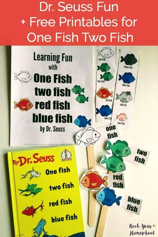 Learning Fun with One fish two fish red fish blue fish activity pack cover with the book by Dr. Seuss to feature great ways to extend the learning fun