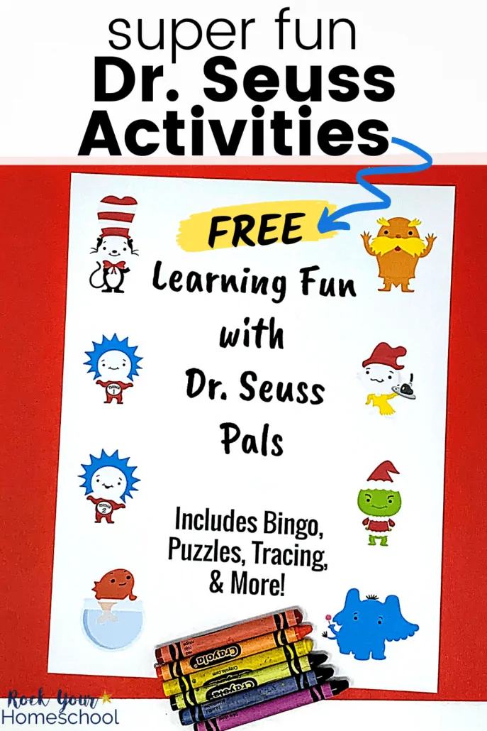 Learning Fun with Dr. Seuss Pals cover with crayons to feature the amazing fun your kids will have with these free Dr. Seuss activities