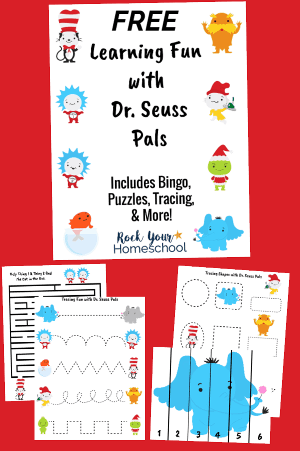 cover of Learning Fun with Dr. Seuss Pals printable pack and maze, tracing, & puzzle pages on red background.