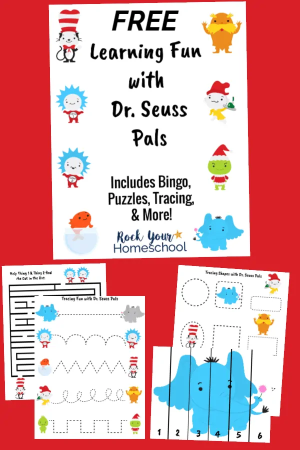 cover of Learning Fun with Dr. Seuss Pals printable pack and maze, tracing, & puzzle pages on red background