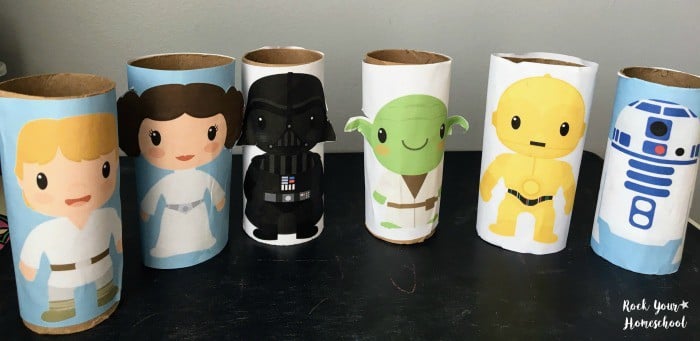 Six examples of Star Wars toilet paper roll figures featuring Luke Skywalker, Princess Leia, Darth Vader, Yoda, C-3PO, and R2-D2.