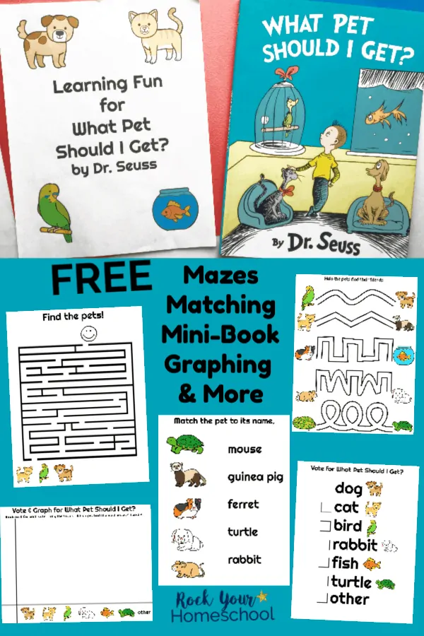 Free printable What Pet Should I Get? learning fun pack & book on red background with printable mazes, matching on blue background