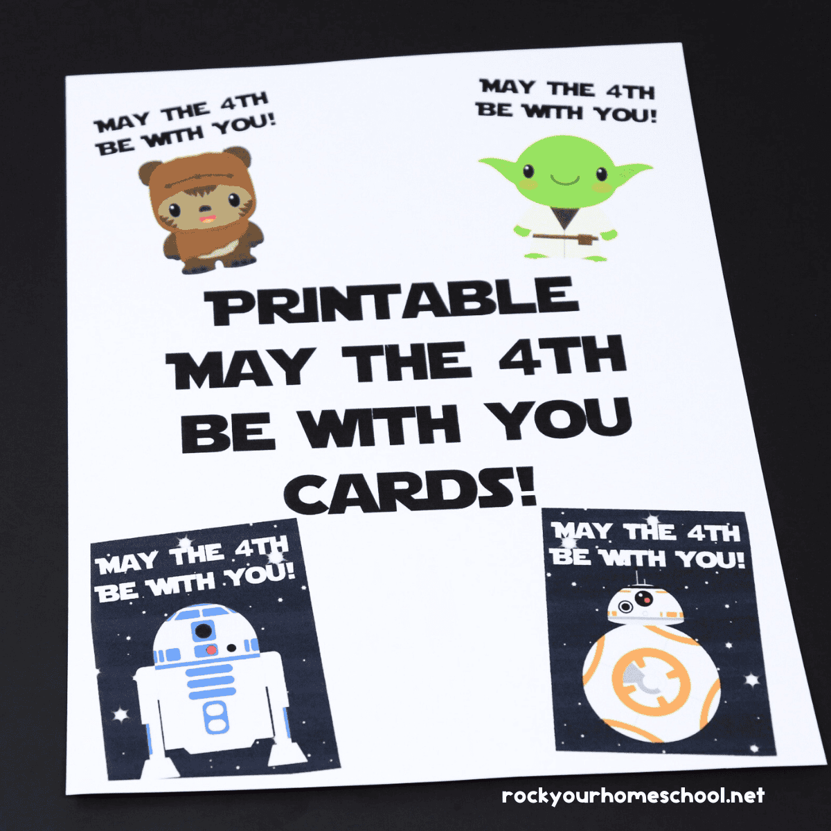 Cover for free printable May the 4th Be With You Cards for Star Wars Day fun.
