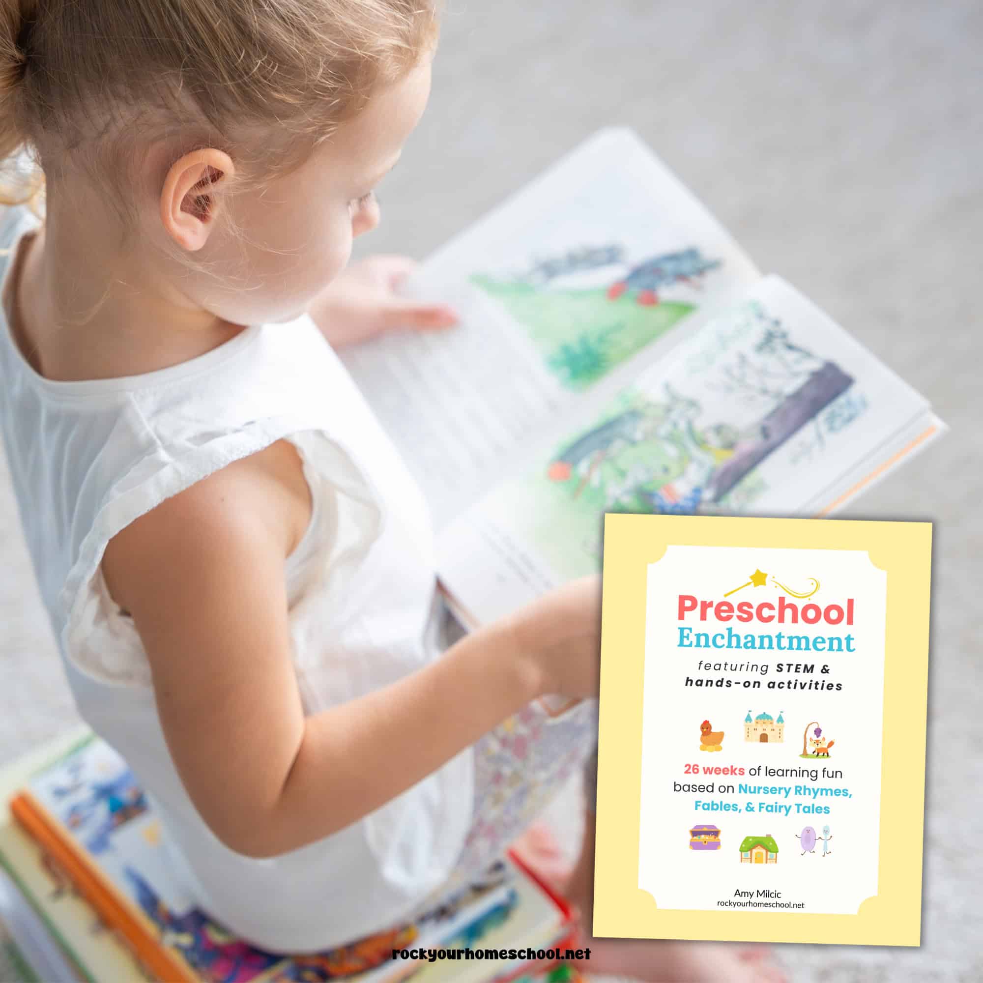 Young girl reading a book and the cover of Preschool Enchantment unit studies.