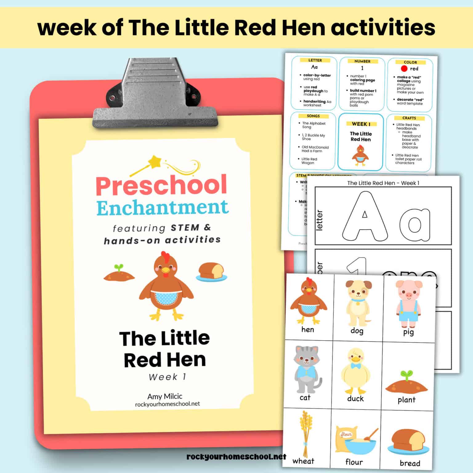 The Little Red Hen cover for Preschool Enchantment unit studies with examples of weekly guide, playdough letter, number, and color mat, and story props.