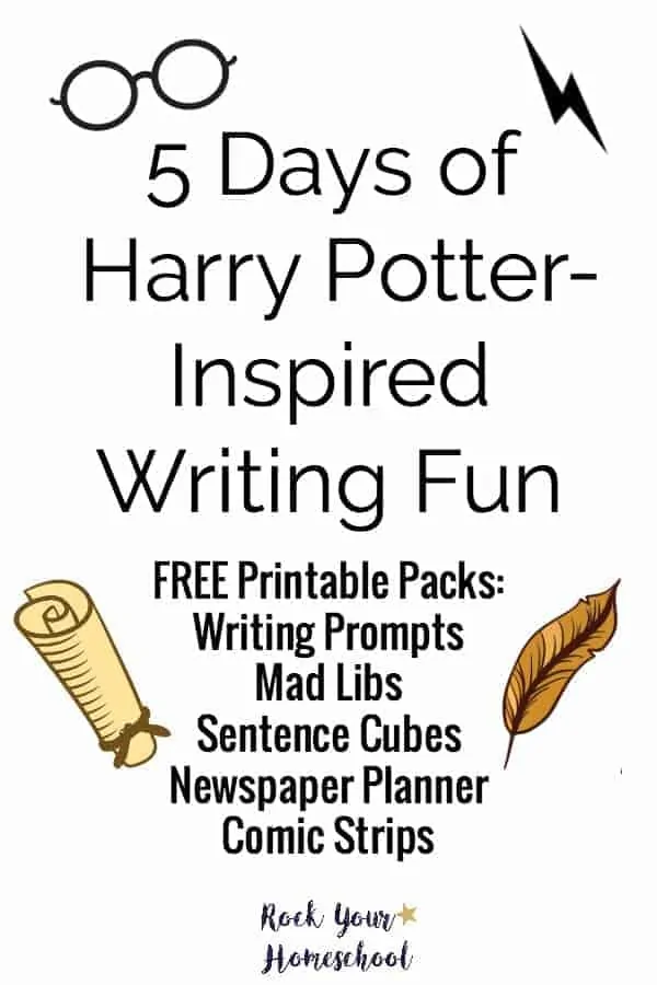 Join the celebration! 5 Days of Harry Potter-Inspired Writing Fun with kids. Includes free printable packs with writing prompts, Mad Libs, sentence cubes, newspaper planner, &amp; comic strips.