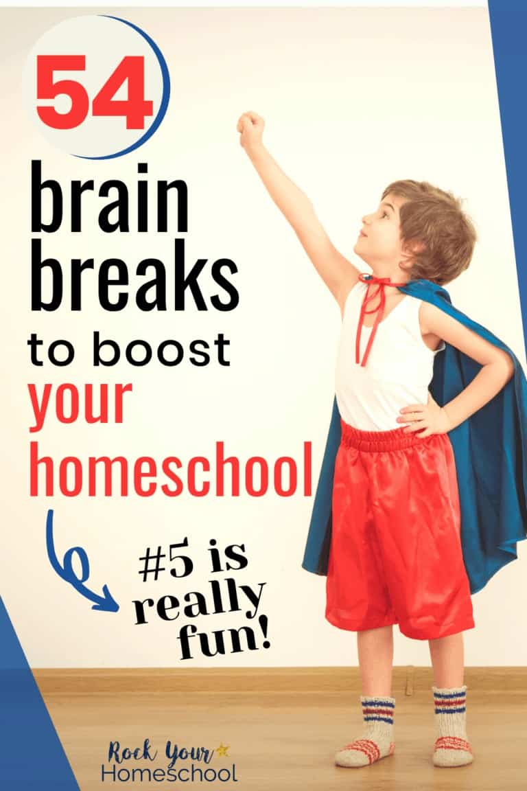Boy wearing blue cape and red shorts with striped socks to feature all the learning fun to be had with these 54 brain breaks to boost your homeschool