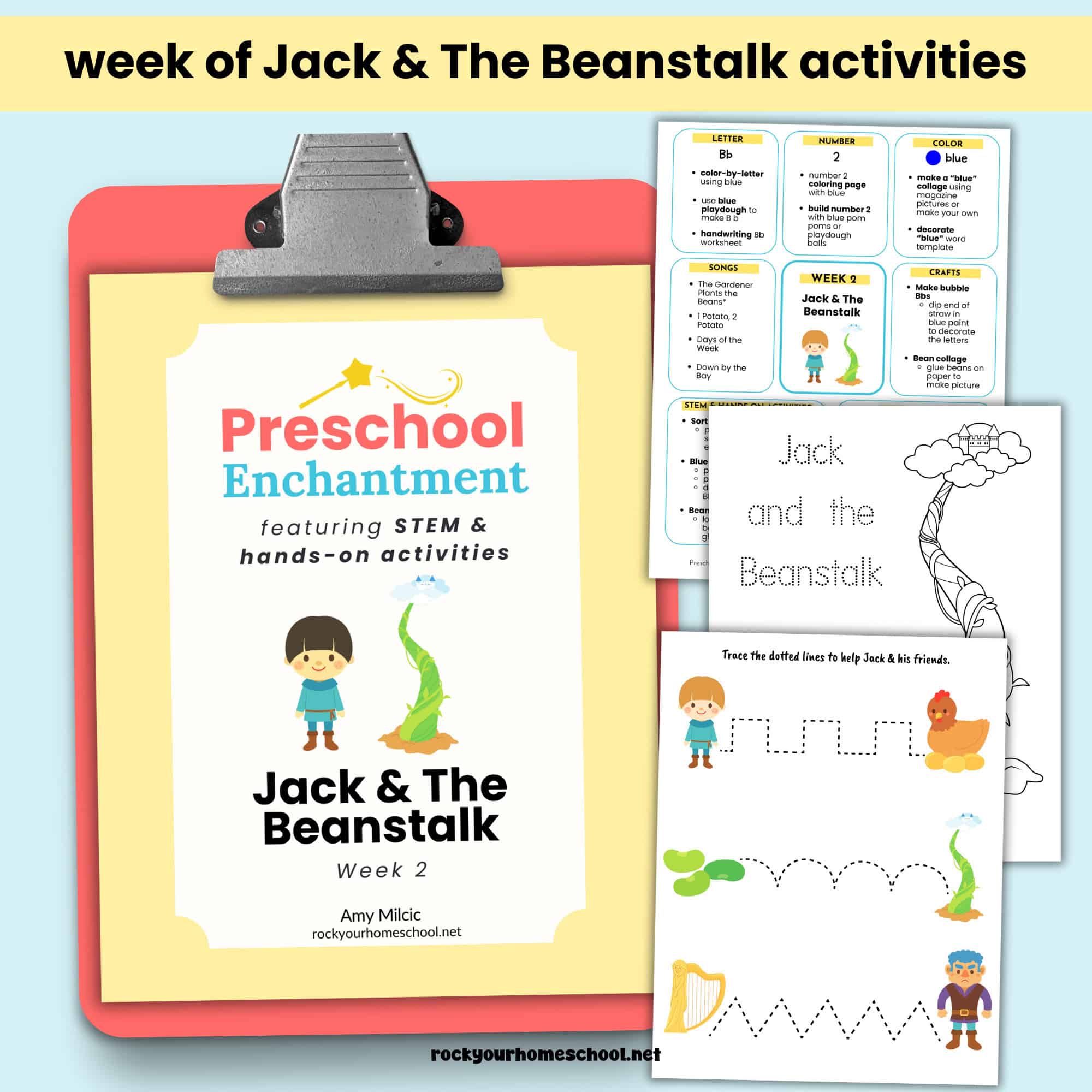 Preschool Enchantment's Jack & The Beanstalk unit study cover with weekly guide, coloring page, and tracing activity.