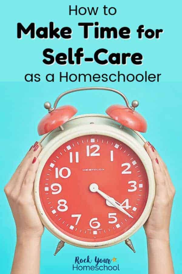 Woman holding red and white analog alarm clock with blue background to feature how you can make time for self-care as a homeschooler