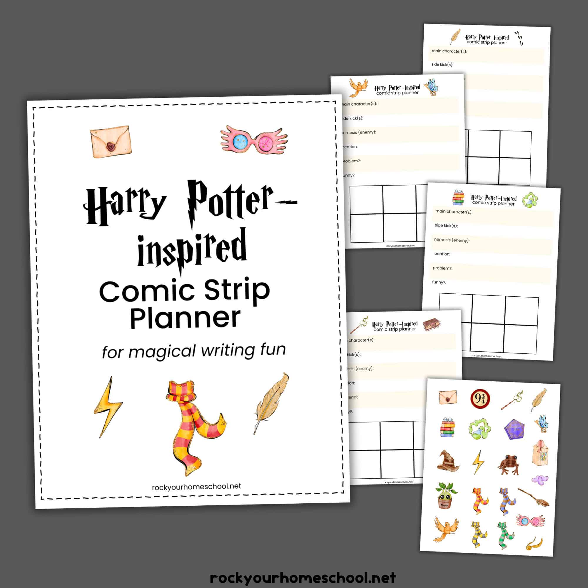 Harry Potter-Inspired Comic Strip Planner cover with examples.
