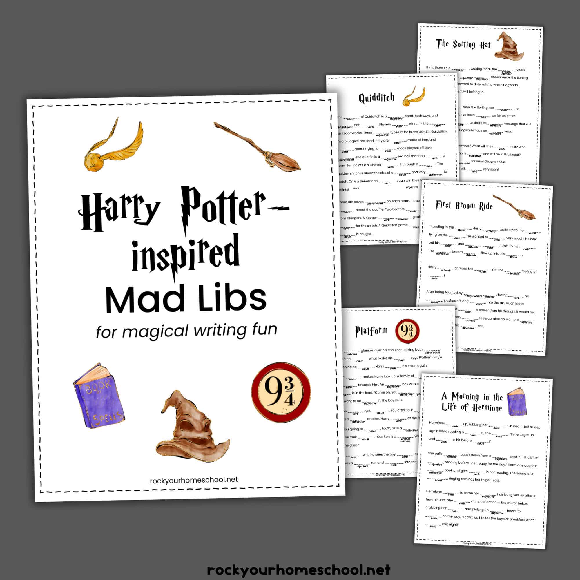 Harry Potter-Inspired Mad Libs cover and 5 examples.