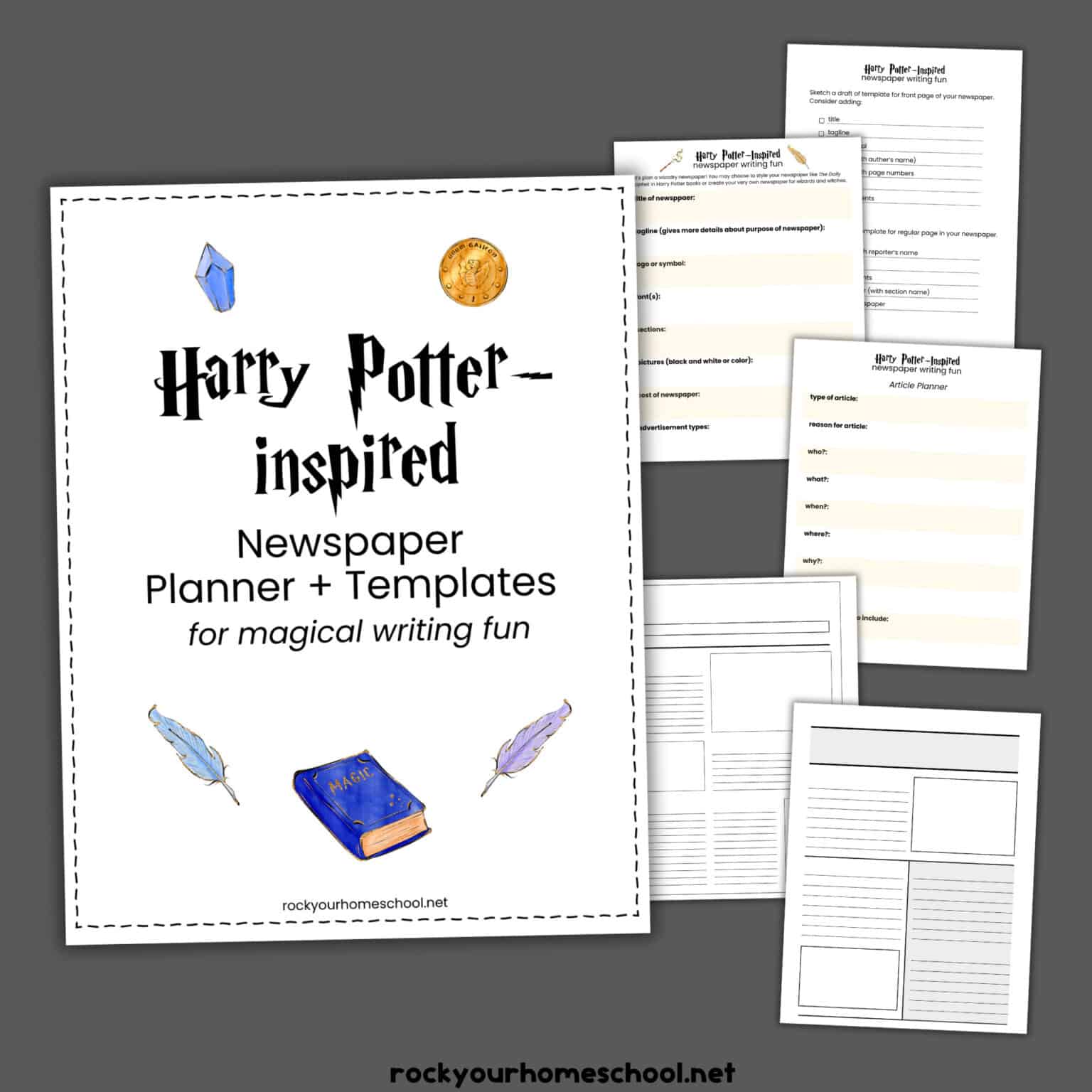 Harry Potter-Inspired Newspaper Planner cover with examples of planning pages and templates.