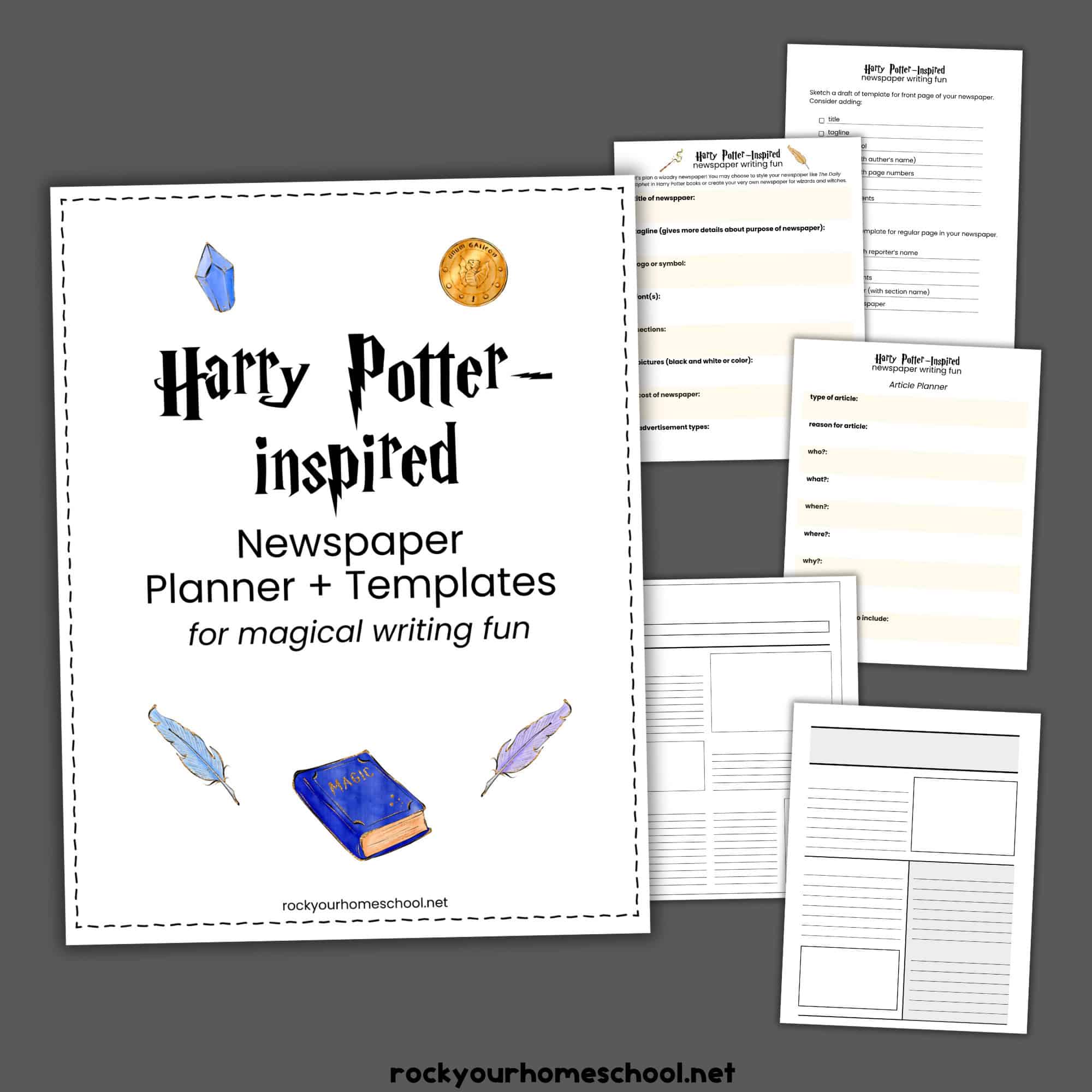 Harry Potter-Inspired Newspaper Planner cover with examples of planning pages and templates.