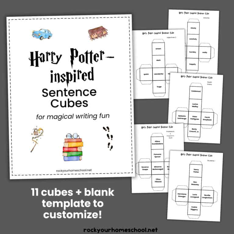 Harry Potter-Inspired sentence cubes cover with examples of printable cubes.