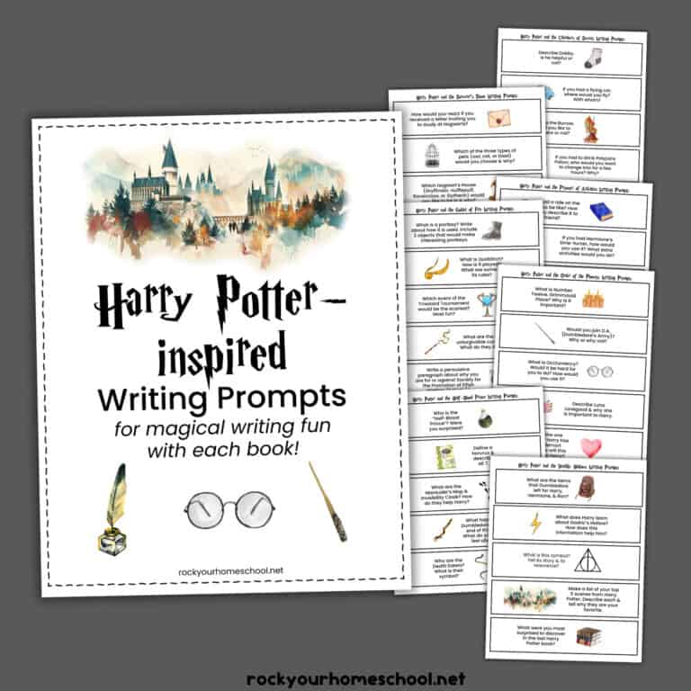Harry Potter-Inspired Writing Prompts cover with 7 example pages.