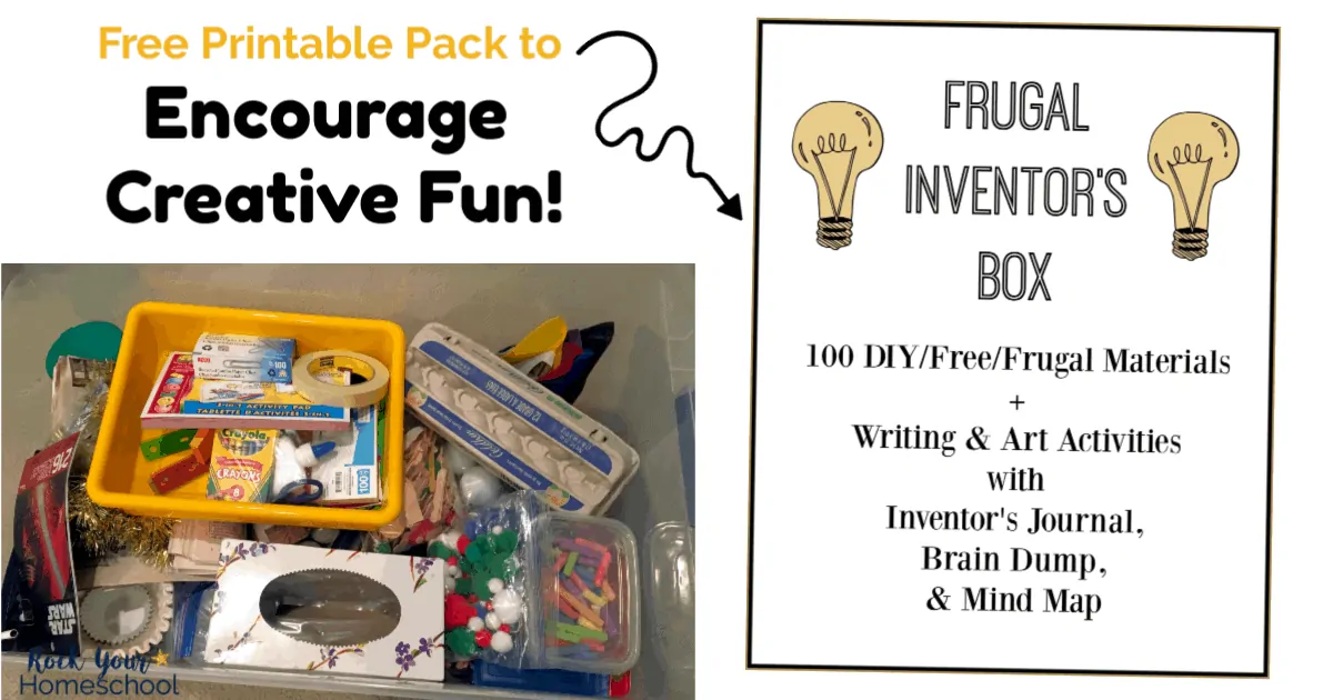 Encourage creative thinking and fun by making a frugal inventor\'s box with your kids. Includes free printable pack to get you started &amp; add writing activities to your inventions.