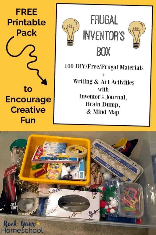 Free printable Frugal Inventor's Box cover on yellow background and recyclable & frugal materials for creative fun for inventions by kids