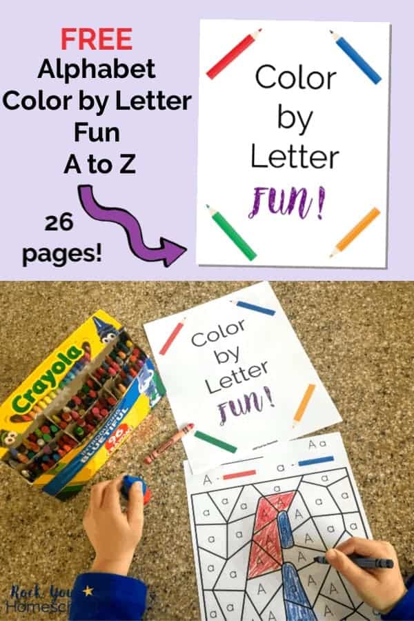 Color by Letter Fun cover on light purple background with purple arrow and boy wearing bright blue shirt holding blue crayon and coloring letter A Color by Letter Fun with box of crayons on granite surface