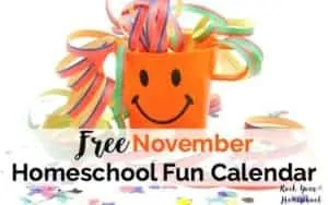 Get ready for some awesome November homeschool fun. This free printable calendar and weekly supplies checklist gives you ideas &amp; inspiration for easy-to-do activities for learning fun with kids. Encourage creative thinking as you create special shared moments.