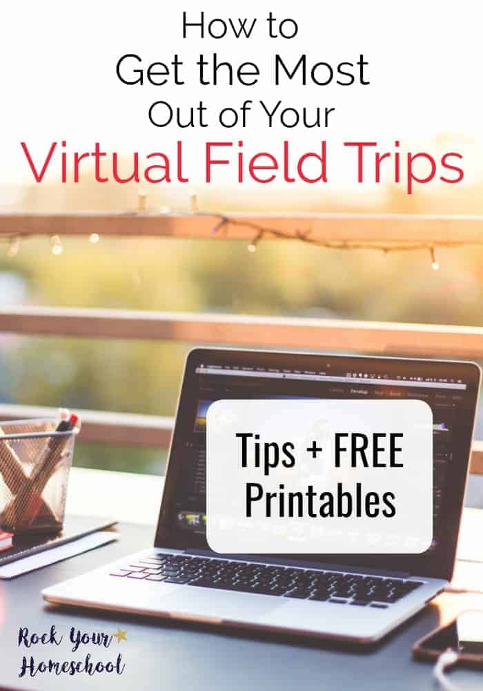 laptop on deck with twinkle lights to feature this free printable pack for getting the most out of your virtual field trips