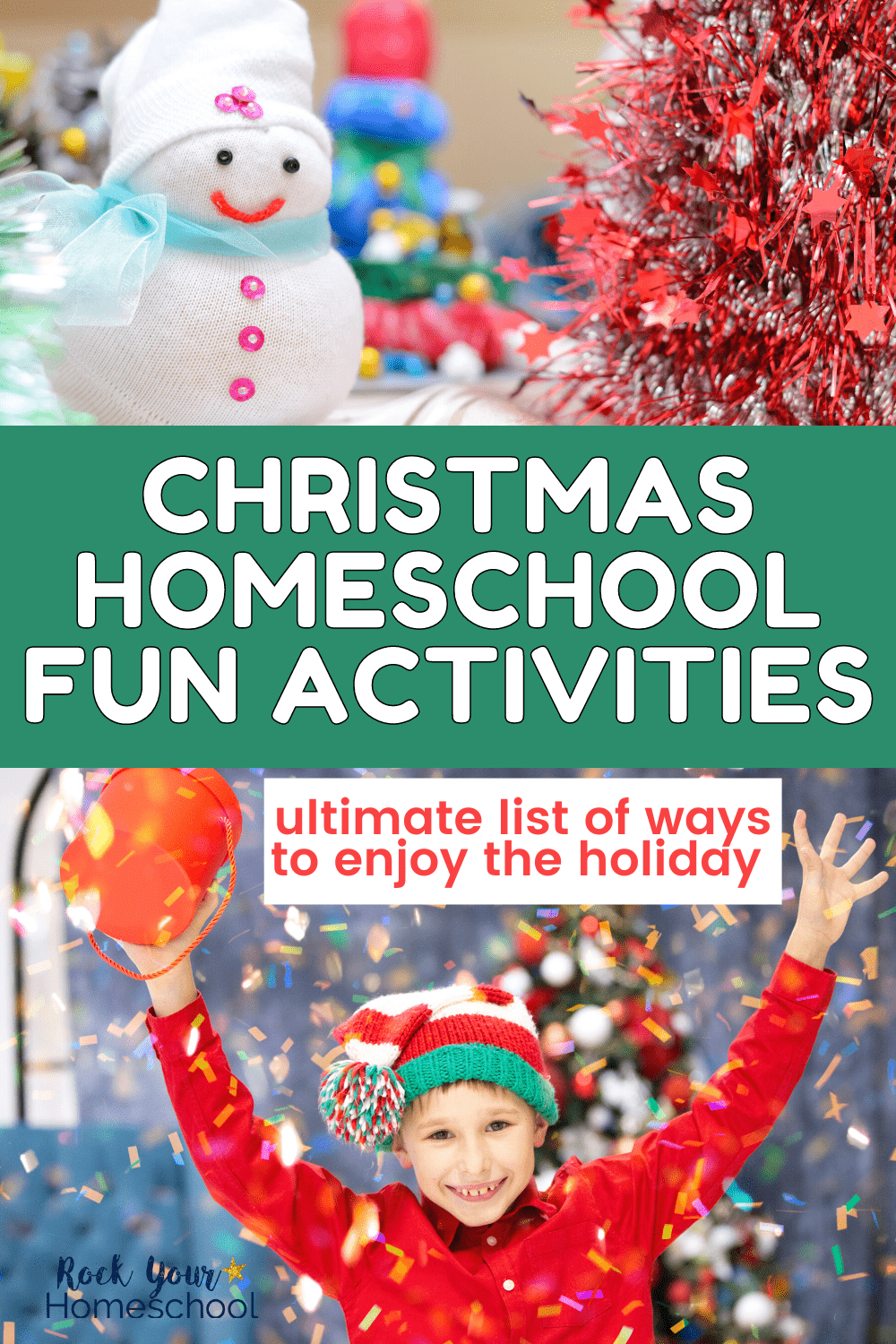 craft snowman and red tinsel Christmas tree and boy smiling as he is having fun with a Christmas game