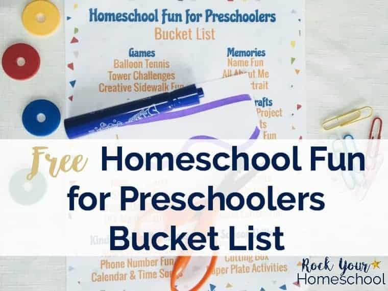 Get ideas & inspiration for Homeschool Fun for Preschoolers with this free printable bucket list.