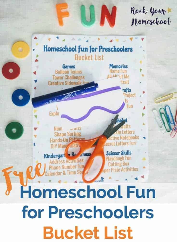 Get ideas and inspiration for Homeschool Fun for Preschoolers with this free printable bucket list. Wonderful ways to help you make learning fun happen with your little learners.