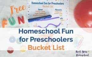 Get ideas & inspiration for Homeschool Fun for Preschoolers with this free printable bucket list. 