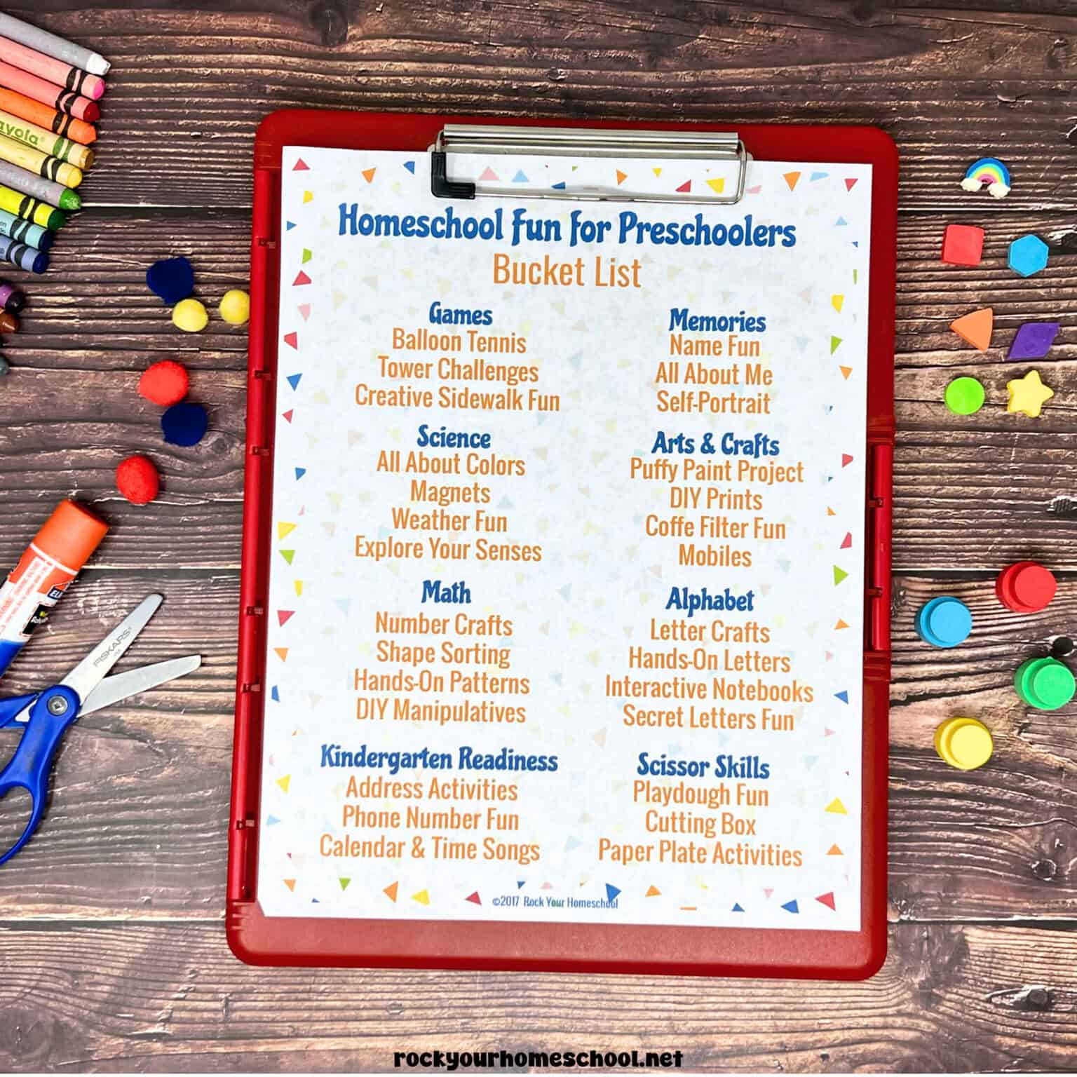 Example of free printable Homeschool Fun for Preschoolers Bucket List on red clipboard.