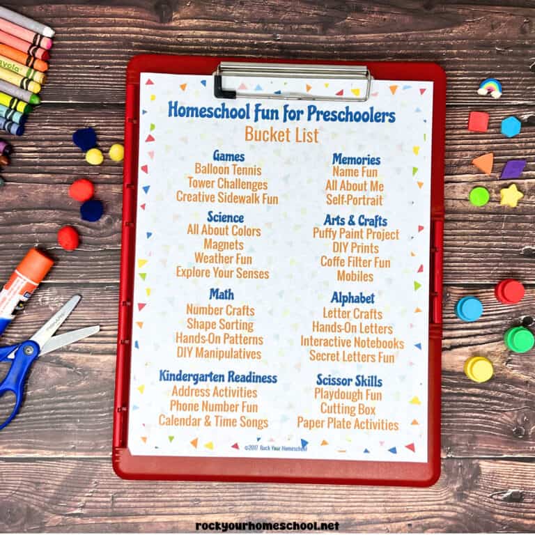 Example of free printable Homeschool Fun for Preschoolers Bucket List on red clipboard.