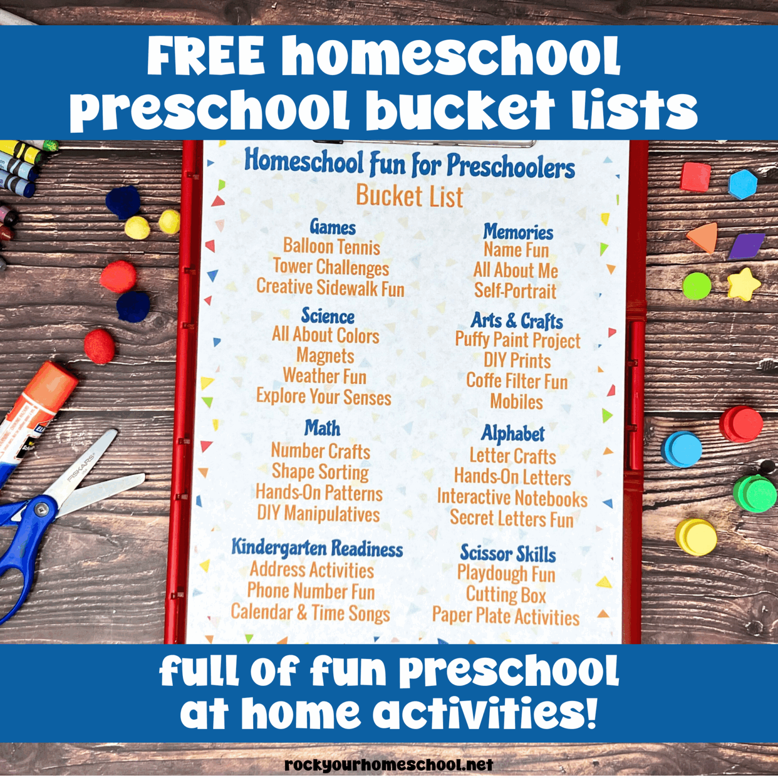 Homeschool fun for preschoolers bucket list on red clipboard.