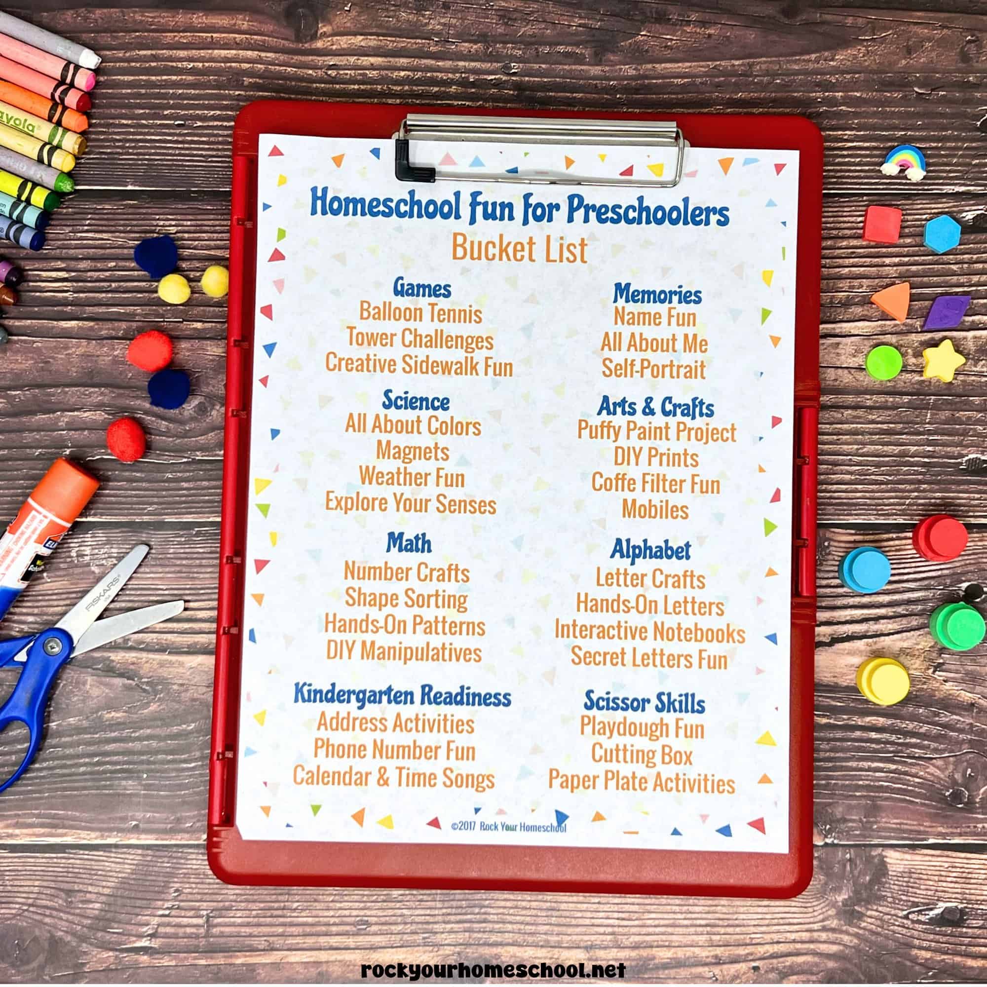 Example of free printable Homeschool Fun for Preschoolers Bucket List on red clipboard.