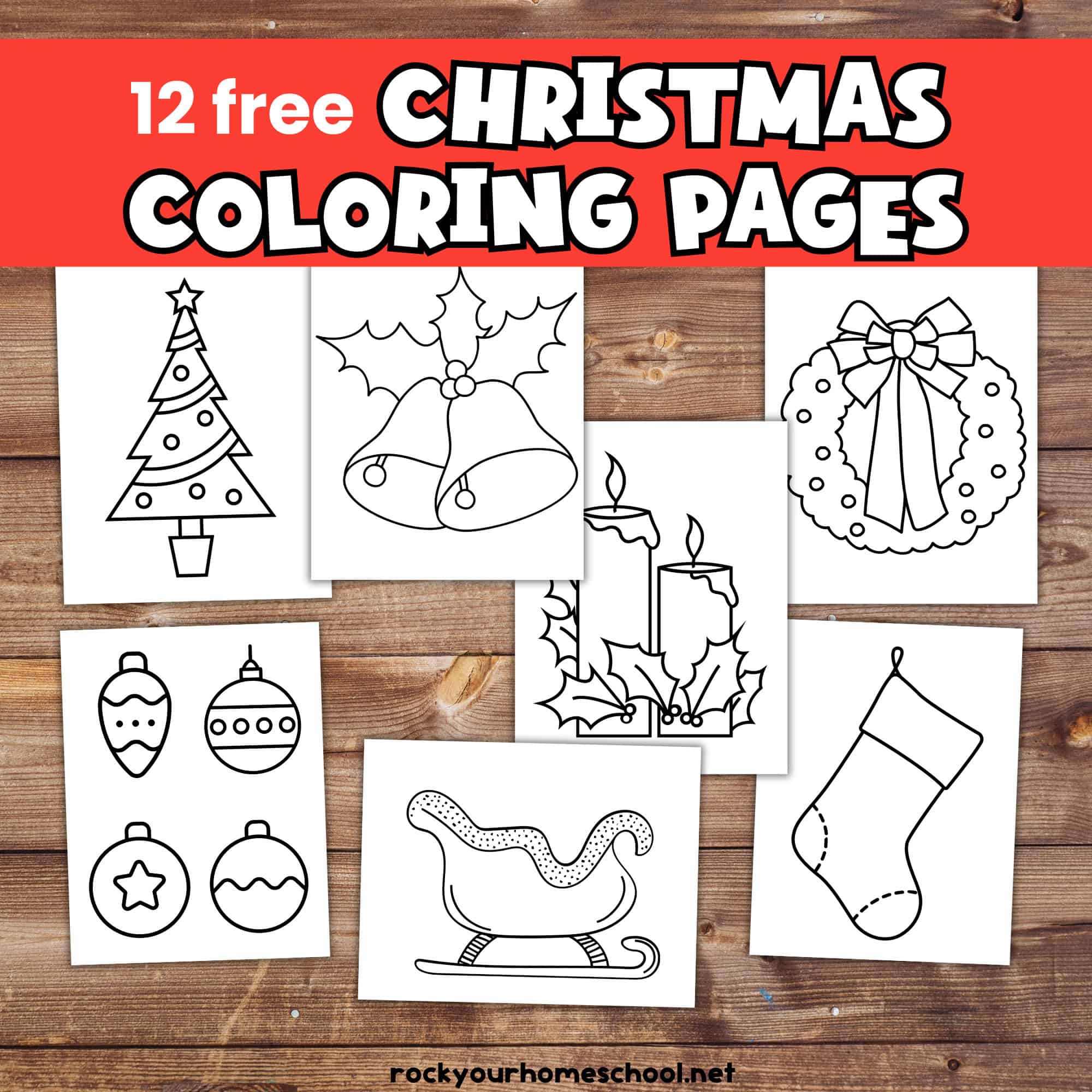 Examples of free printable Christmas coloring pages with tree, bells, candles, wreath, ornaments, sleigh, and stocking.